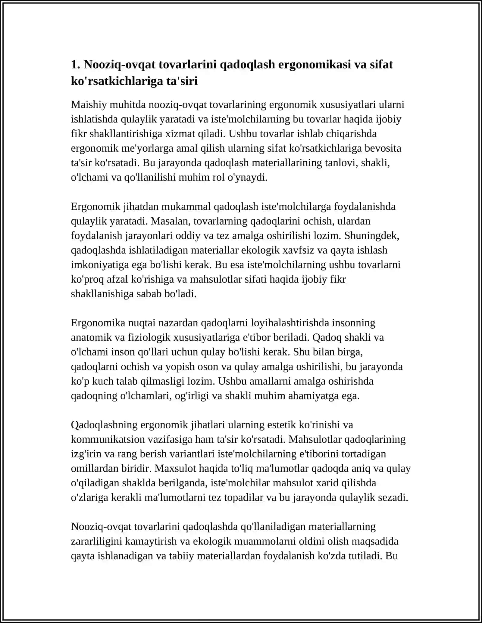 NOOZIQ-OVQAT TOVARLARINI ERGONOMETRIK XUSUSIYATLARI VA ULARNI TOVARLARNI SIFAT KO'RSATKICHLARIGA TA'SIRI 3