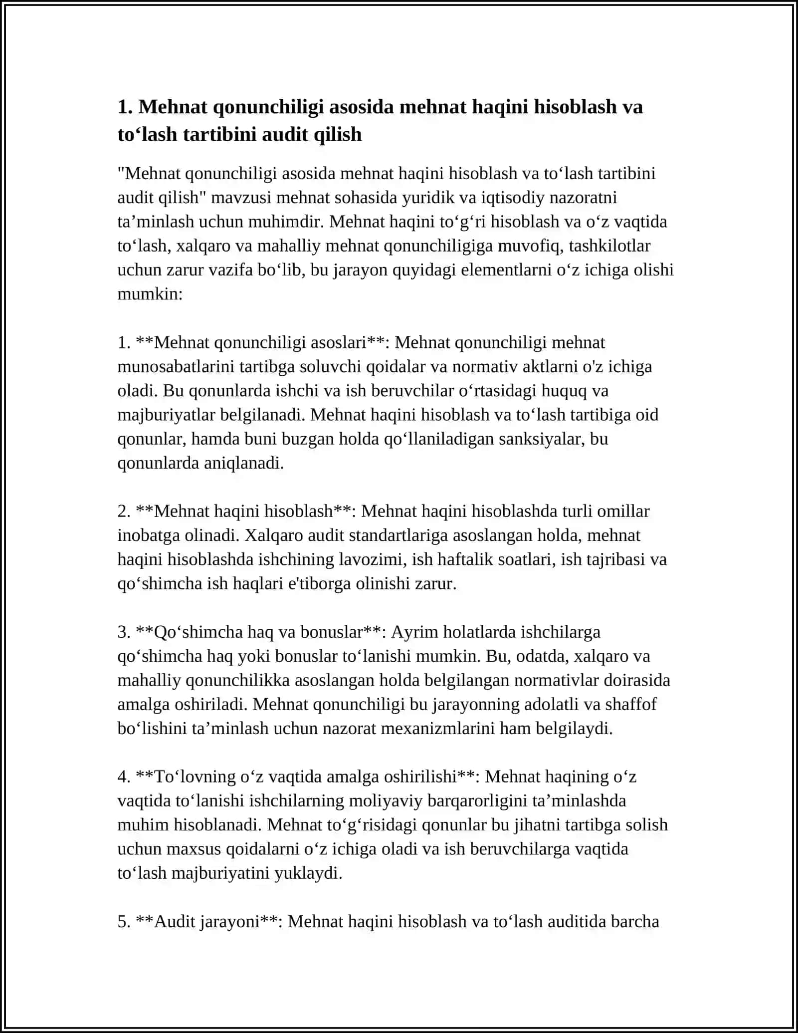 MEHNAT HAQI HISOBI VA TO'LASH JARAYONI AUDITI: MEHNAT QONUNCHILIGI VA XALQARO AUDIT STANDARTLARI ASOSIDA NAZORAT 3
