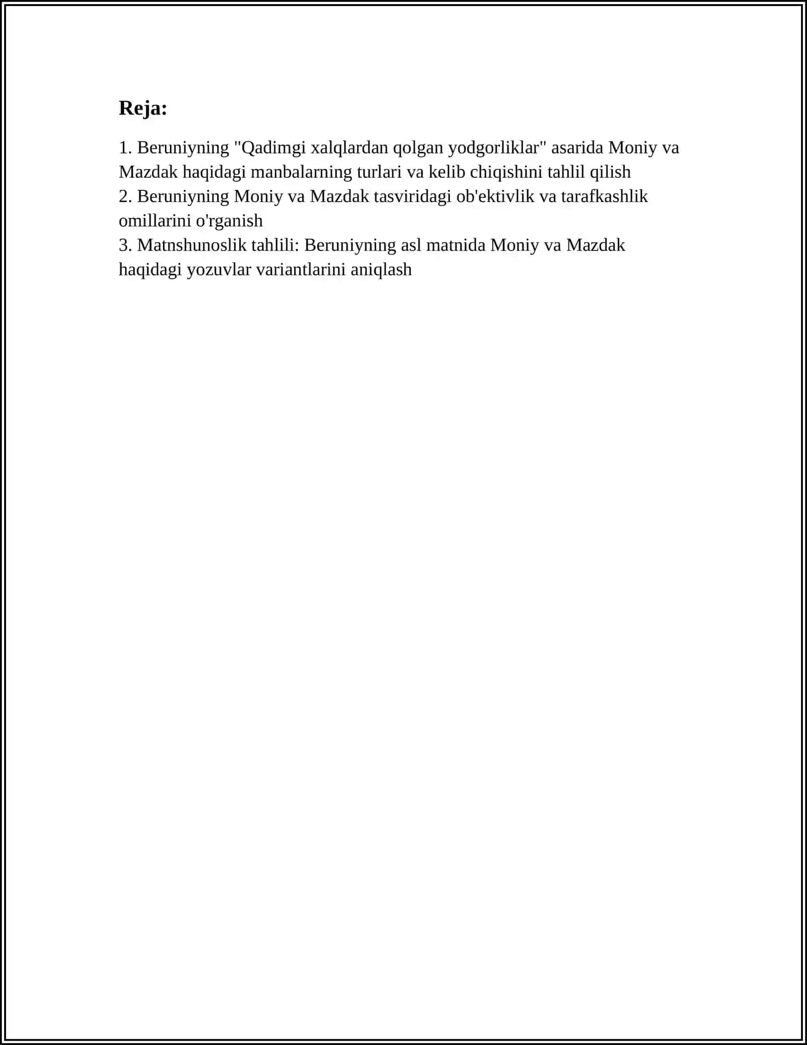 BERUNIYNING "QADIMGI XALQLARDAN QOLGAN YODGORLIKLAR" ASARIDAN MONIY VA MAZDAK HAQIDAGI MA'LUMOTLARNI O'QIB TAHLIL QILISH 3