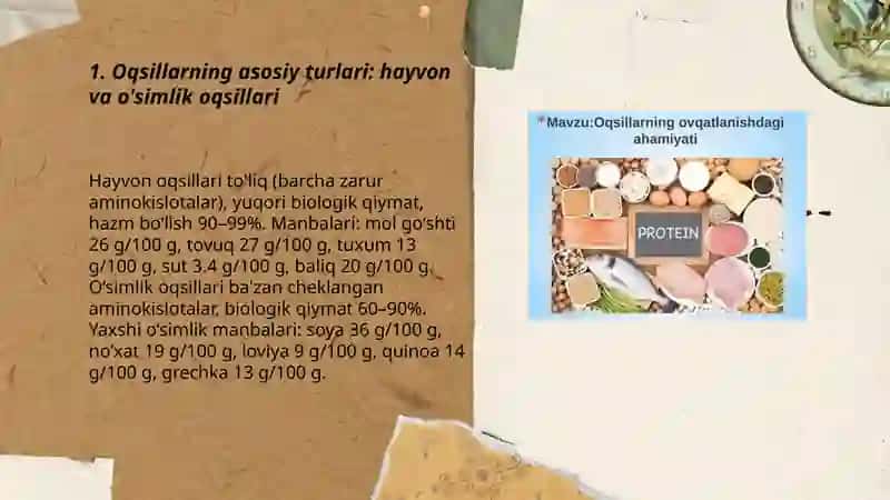 Oqsillarning turlari va oziq-ovqat mahsulotlarida miqdori 3