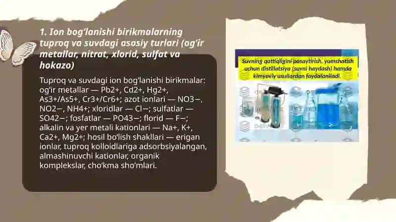 Tuproq va suvning ifloslanishi ion bogʻlanishi birikmalarini aniqlab ulardan tozalash usulini ishlab chiqarish 3