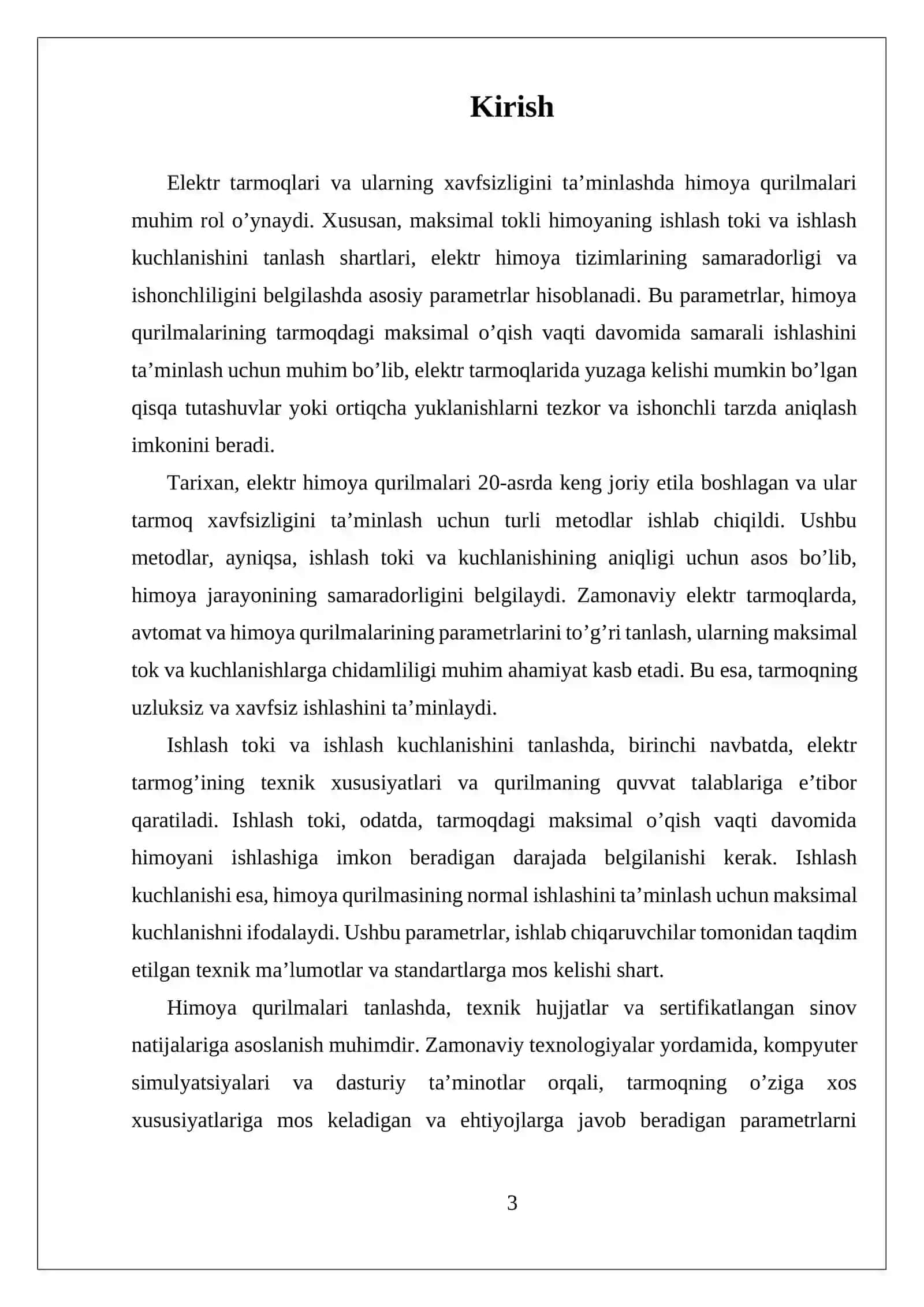 MUSTAQIL ISH MAKSIMAL TOKLI HIMOYANING ISHLASH TOKI VA ISHLASH KUCHLANISHINI TANLASH SHARTLARI 3