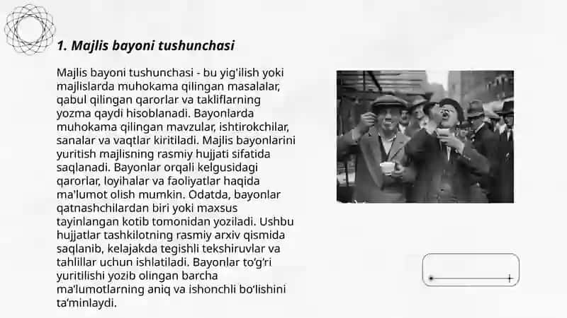 Majlis bayoni va majlis bayonidan ko'chirmaning tuzilishi, tarkibiy qismlari. Kasbiy faoliyat bilan bog'liq bayonnoma namunalarini tuzish. Bayonnomadan ko'chirmani rasmiylashtirish bo'yicha mashqlar. 3