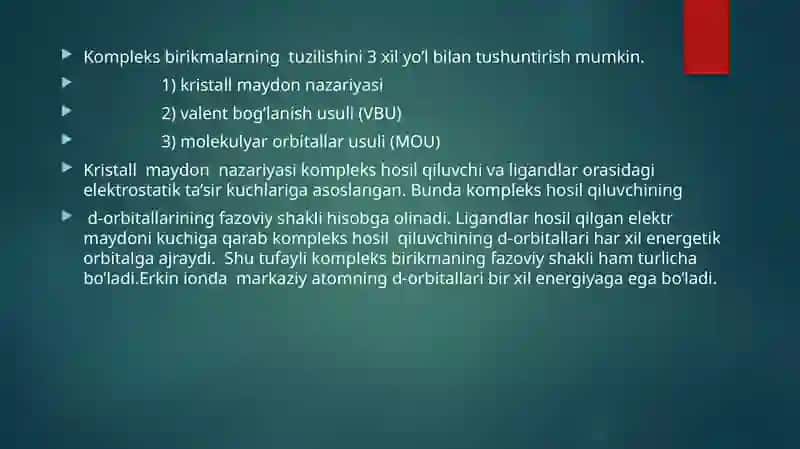 KOMPLEKS BIRKMALARNING IZOMERYASI MARKAZIY IONNING LIGANT BILAN ELEKTRO STATIK TA`SIRLASHUVI. 3