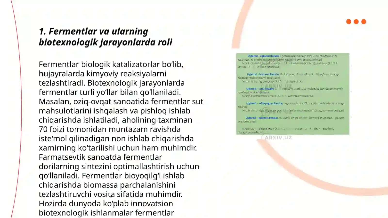 Fermentlardan biotexnologik jarayonlarda foydalanish, sanoat va qishloq xo'jaligida fermentlarning ahamiyati 3