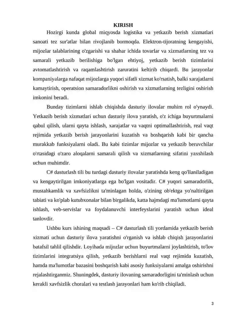 "C# DASTURIDA YETKAZIB BERISH XIZMATI UCHUN DASTURIY ILOVA YARATISH" 3