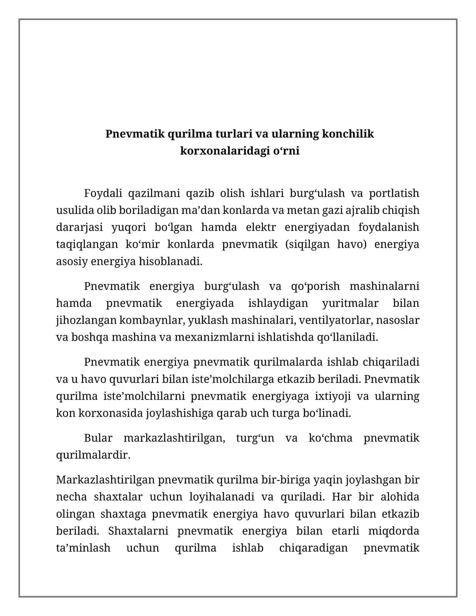 Pnevmatik qurilma turlari va ularning konchilik korxonalaridagi o‘rni 3