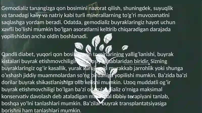 O‘rinbosar terapiya:gemodializ,  plazmaforez. Buyrak transplantatsiyasi 3