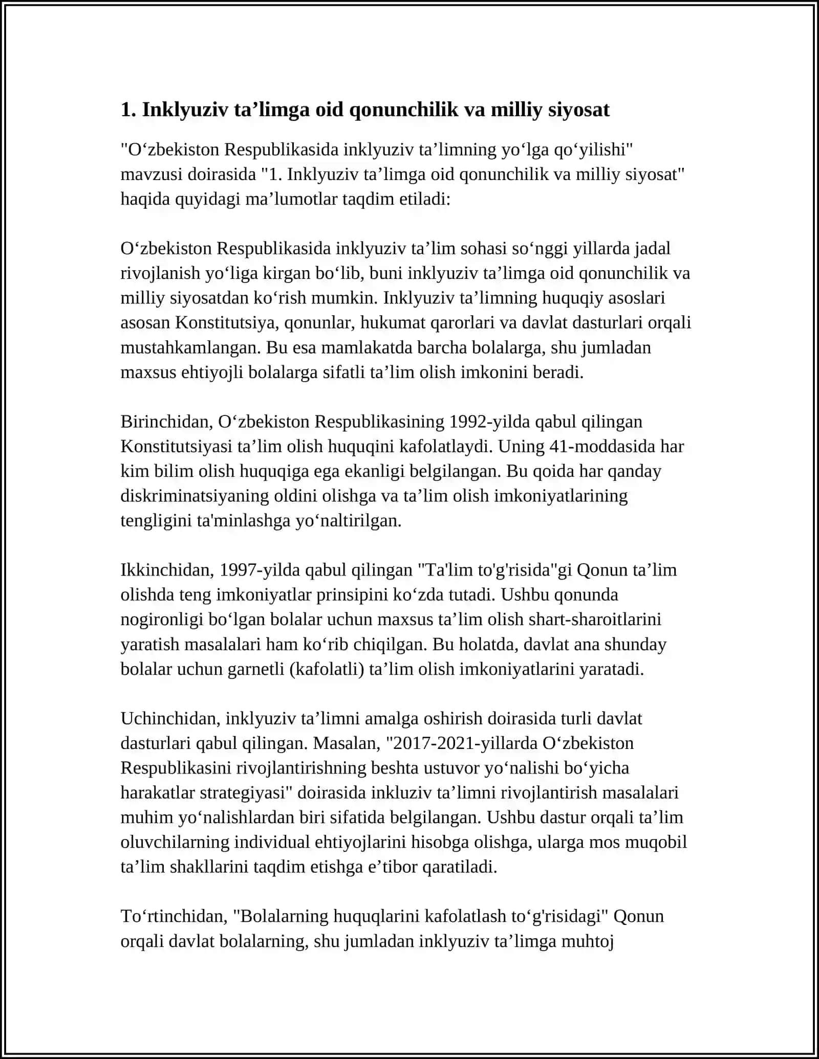 OʻZBEKISTON RESPUBLIKASIDA INKLYUZIV TAʼLIMNING YOʻLGA QOʼYILISH 3