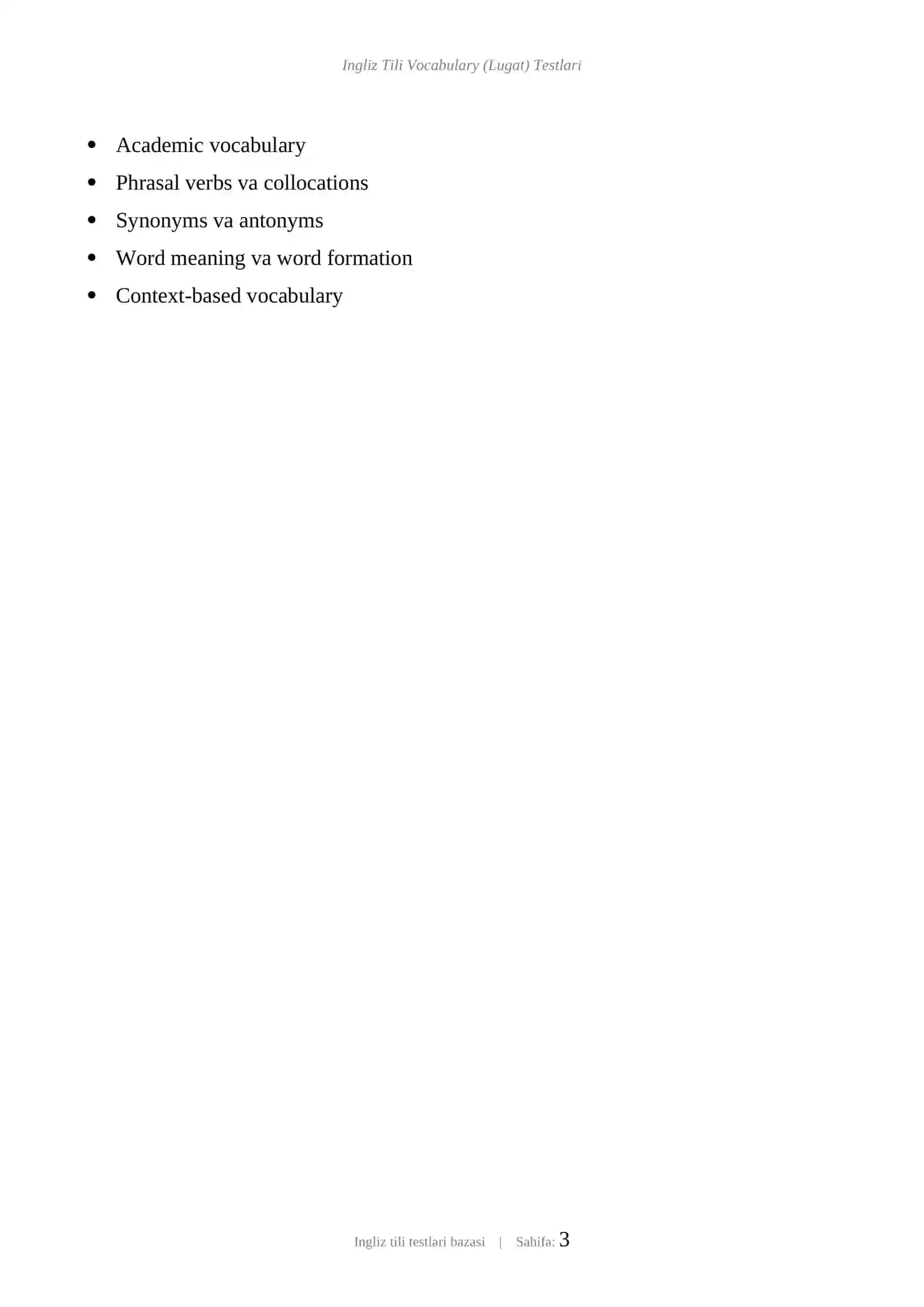 INGLIZ TILI VOCABULARY (LUGAT) TESTLARI 3
