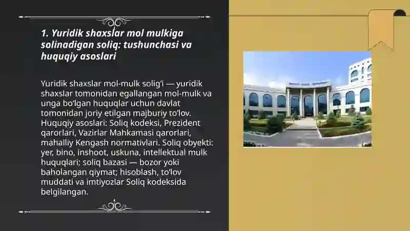 Yuridik shaxslar mol mulkiga solinadigan soliq: tushunchasi va huquqiy asoslari 3