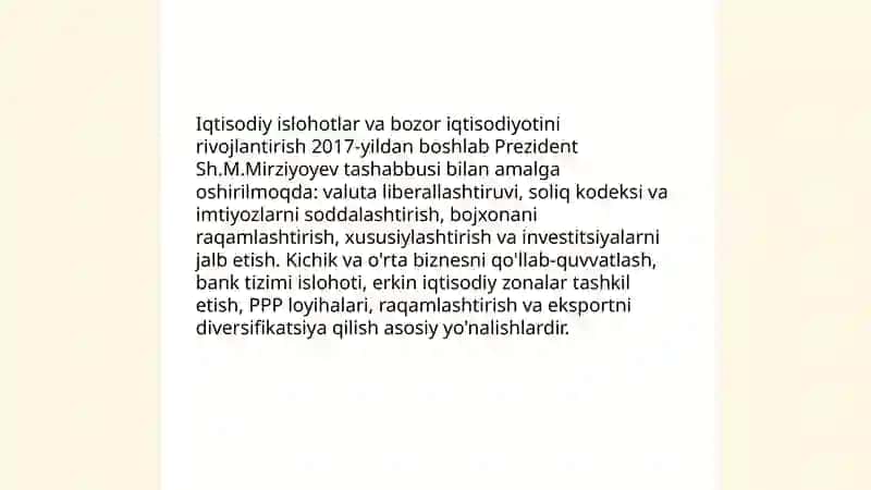 Yangi O'zbekistonda Prezident Sh. M. Mirziyoyev rahbarligi va tashabbusi ostida amalga oshirilayotgan islohotlar Ahmadjonov Izzatillo 3