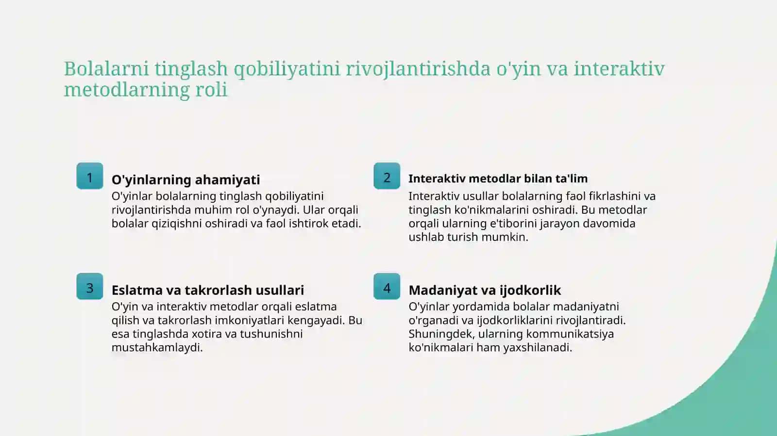 Bolalarni tinglash qobiliyatini rivojlantirishning asosiy usullari 3