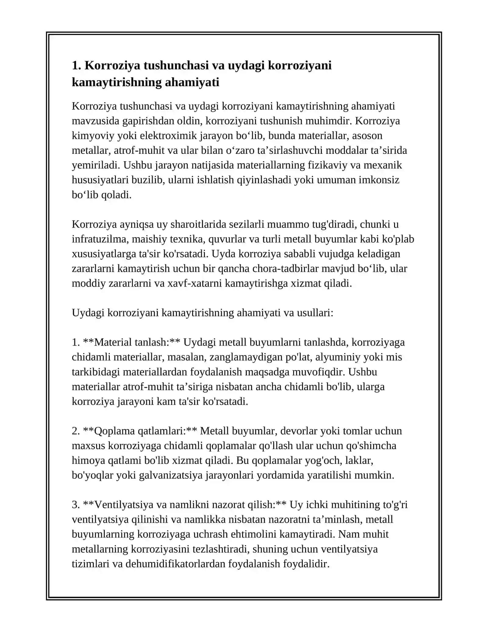 UYDA KOROZIYANI KAMAYTIRISH YOʻLLARI REFERAT TAYYORLAB BER 3