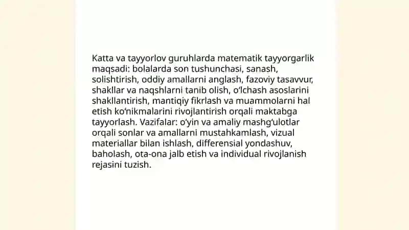 MTT katta va tayyorlov guruhi bolalarni maktab talim jarayonida matematik jihatidan tayyorlash uchun olib boriladigan ishlar mazmuni 3