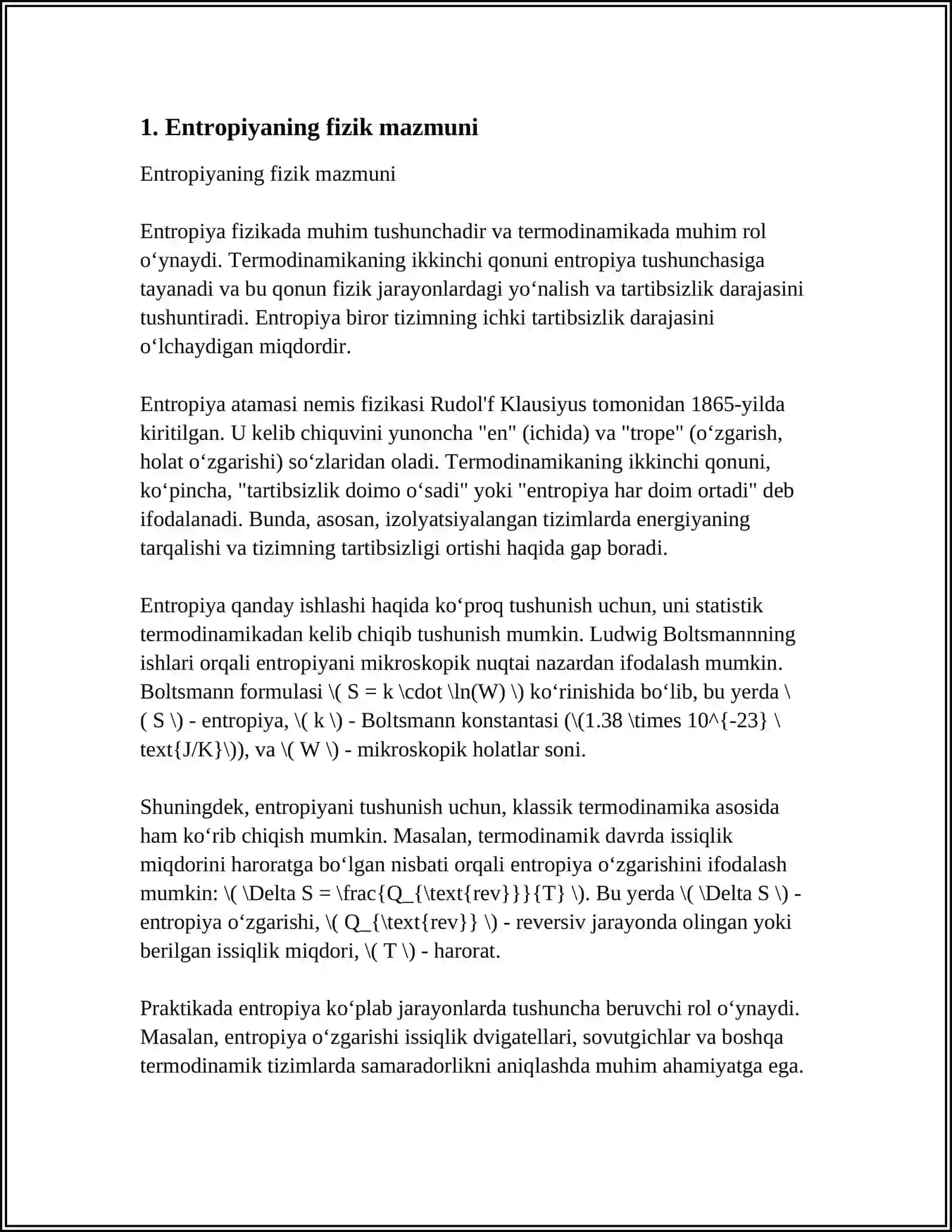 OCHIQ TIZIMLARDA ENTROPIYANING LOKAL KAMAYISHI. DISSIPATIV STRUKTURALAR 3