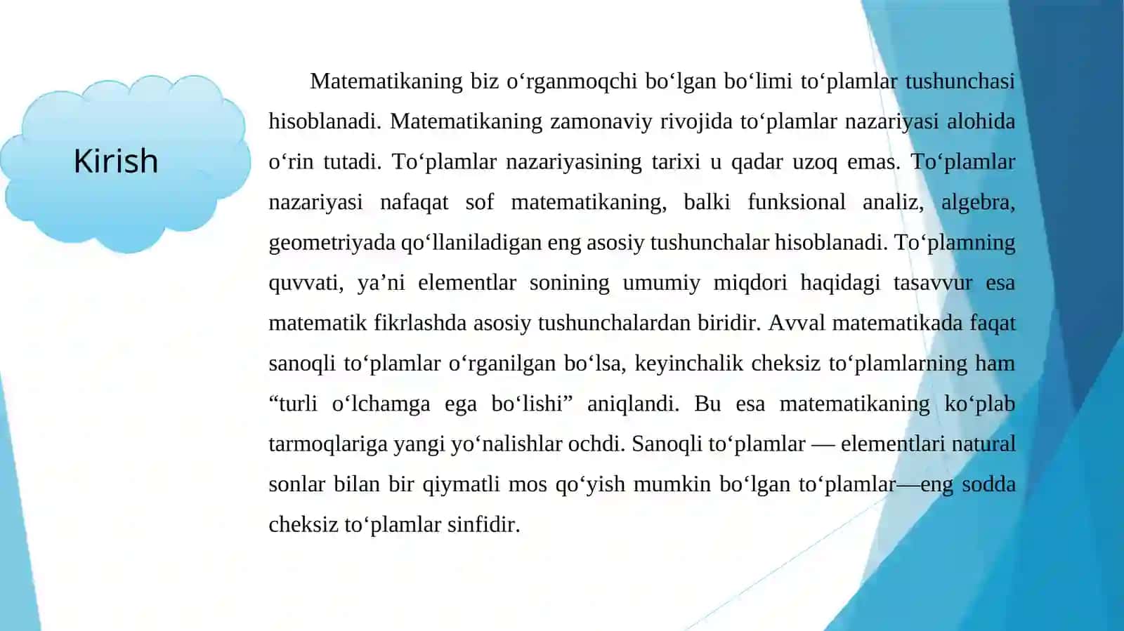 MATEMATIK ANALIZ FANIDAN SANOQLI VA KONTINUUM QUVVATLI TO'PLAMLAR 3