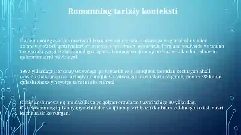 Hoshimovning asarlari mustaqillikdan keyingi tez modernizatsiya va gʻarblashuv bilan anʼanaviy oʻzbek qadriyatlari oʻrtasidagi toʻqnashuvni aks ettirib, Fargʻona vodiysida va undan tashqarida yangi Oʻzbekistondagi oʻzgarib borayotgan ijtimoiy meʼyorlar bilan kurashuvchi qahramonlarni tasvirlaydi 3