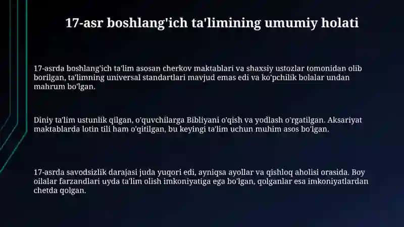 XVII asrdan XVIII asrning ikkinchi yarmigacha boshlangʻich taʼlim 3