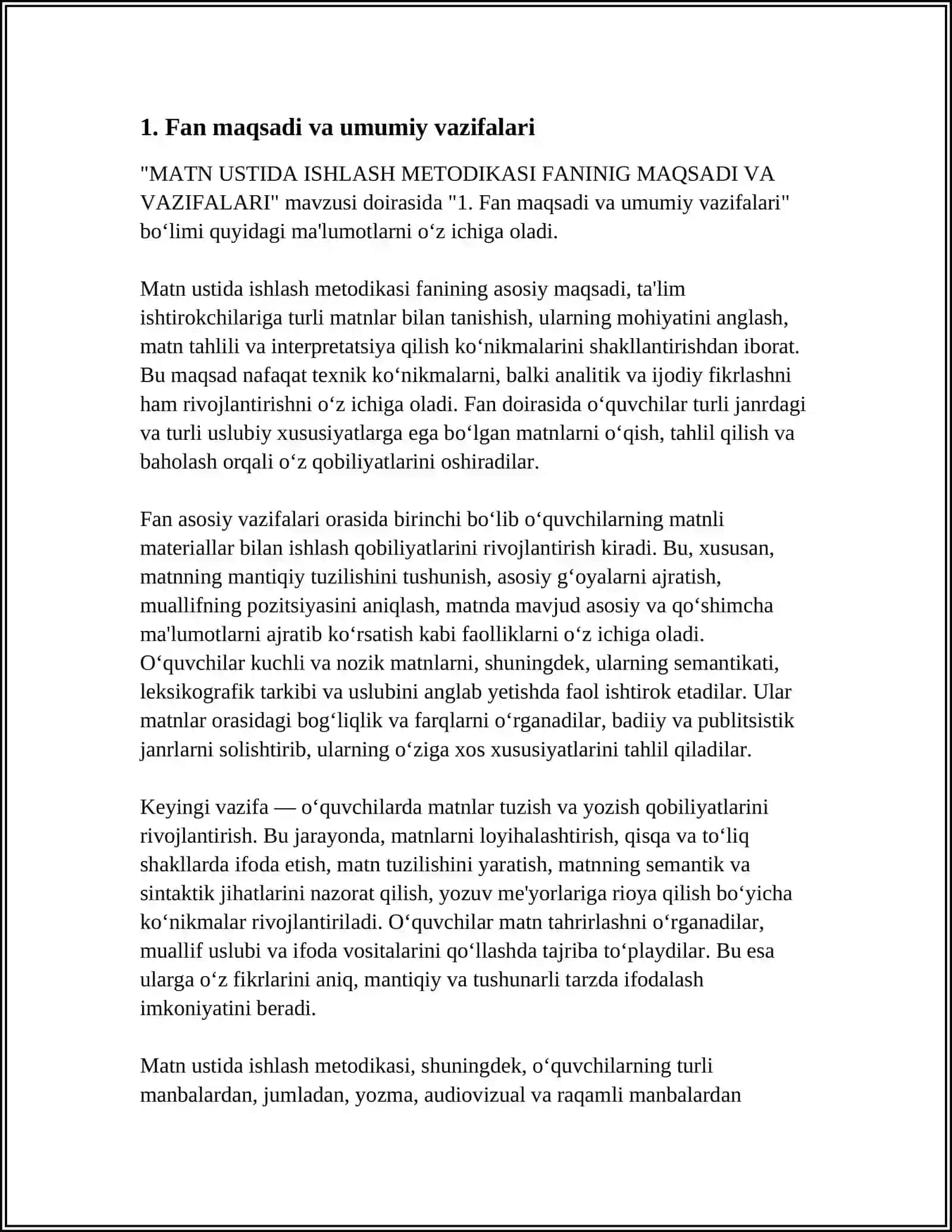 MATN USTIDA ISHLASH METODIKASI FANINIG MAQSADI VA VAZIFALARI 3