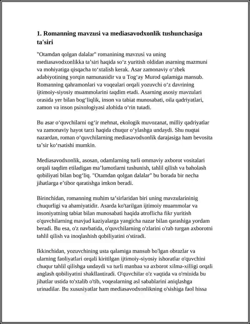 TOGʻAY MURODNING " OTAMDAN QOLGAN DALALAR " ROMANI VA MEDIASAVODXONLIK DARAJASIGA TA'SIR ETUVCHI OMILLAR 3