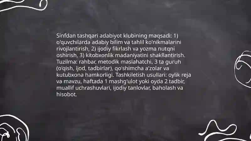Adabiyot fanida sinfdan tashqari mashgʻulotlarning turlari va ularni tashkil etish usullari 3