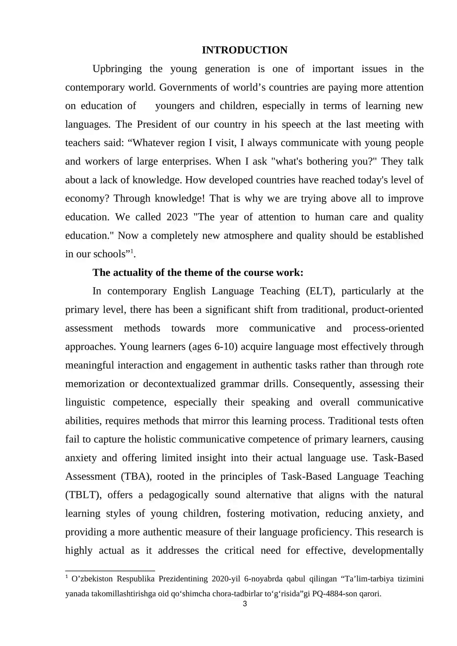 COURSE WORK THEME: TASK-BASED ASSESSMENT IN THE PRIMARY ENGLISH LANGUAGE CLASSROOM 3
