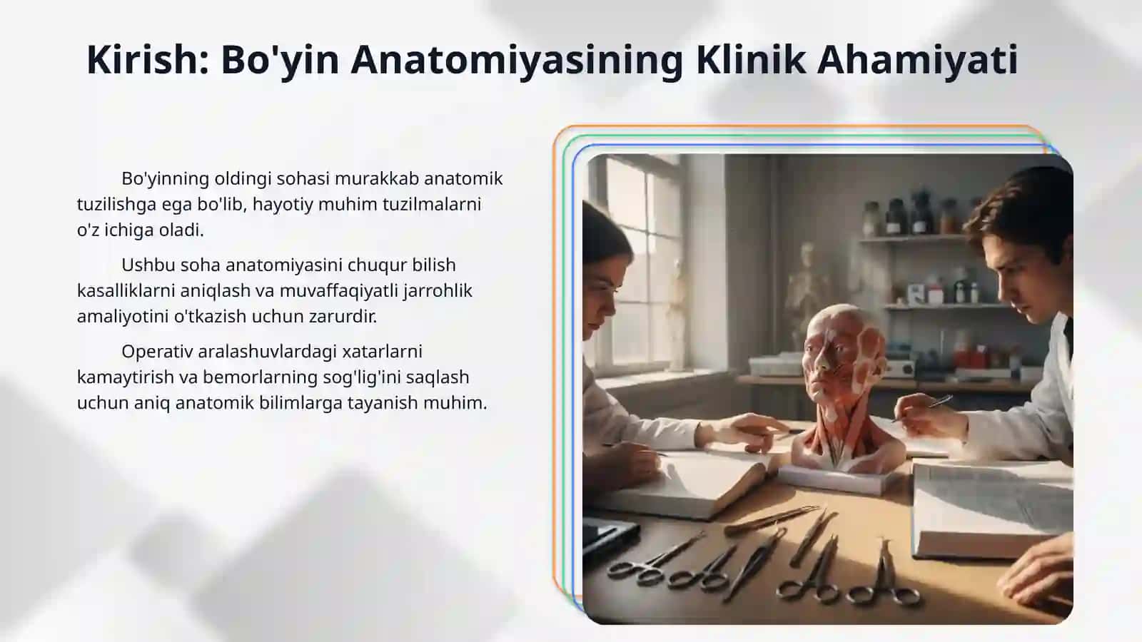 Boʻyinning oldingi sohasi topografik anatomiyasi va operativ xirurgiyasi. Boʻyinning oldingi boʻlimi. Tilosti usti va tilosti pastki sohalari. 3