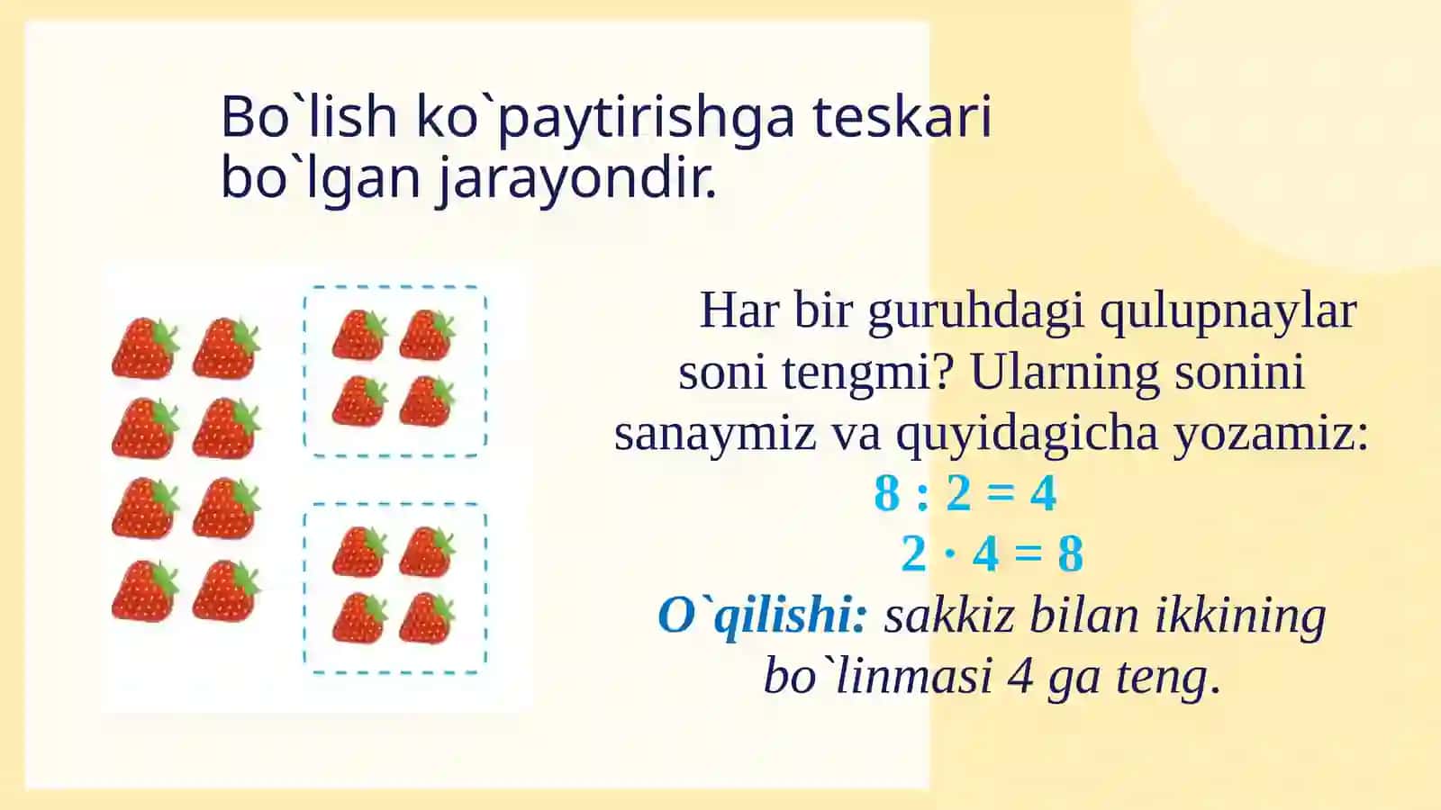 Matematika darslarida misol va masalalar yechishni tashkil etishning ta’limiy va tarbiyaviy ahamiyati. Qoldiqli va qoldiqsiz bo‘lish 3