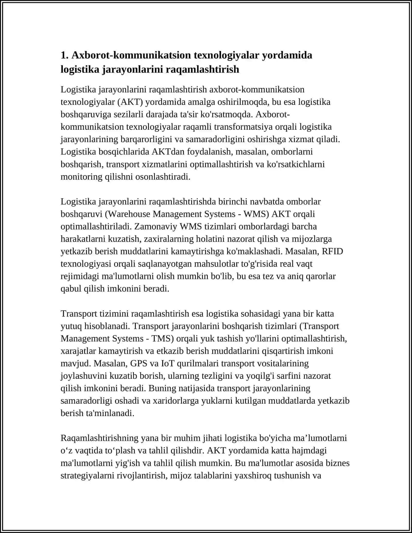 LOGISTIK BOSHQARUVDA AXBOROT KOMMUNIKATSION TEXNOLOGIYALARNING O‘RNI 3