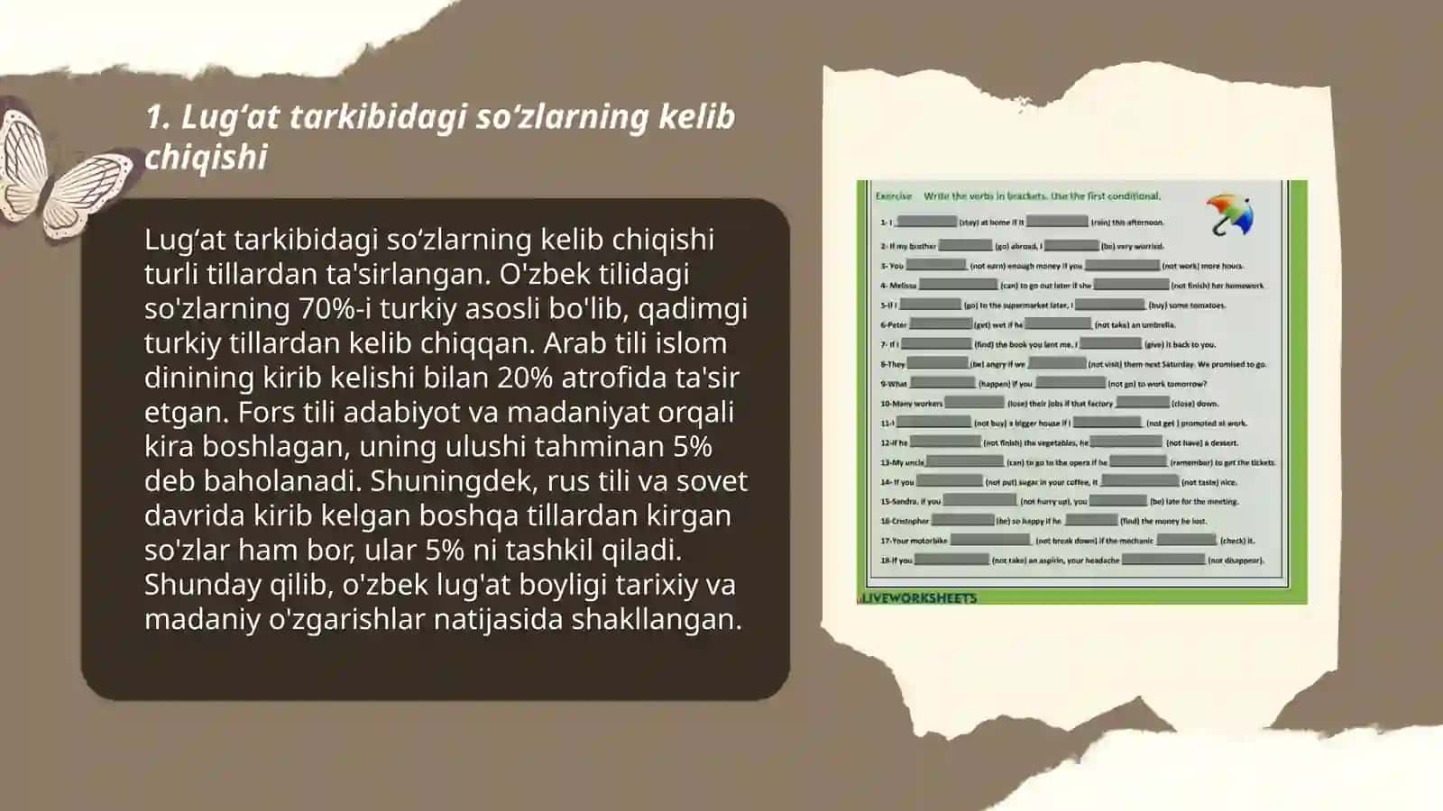 Lug'at tarkibidagi so'zlarning kelib chiqishi, ijtimoiy guruhlar tomonidan qo'llanilishi jihatidan tavsiflanishi va ularning turlariga doir mashq va testlar ustida ishlash 3