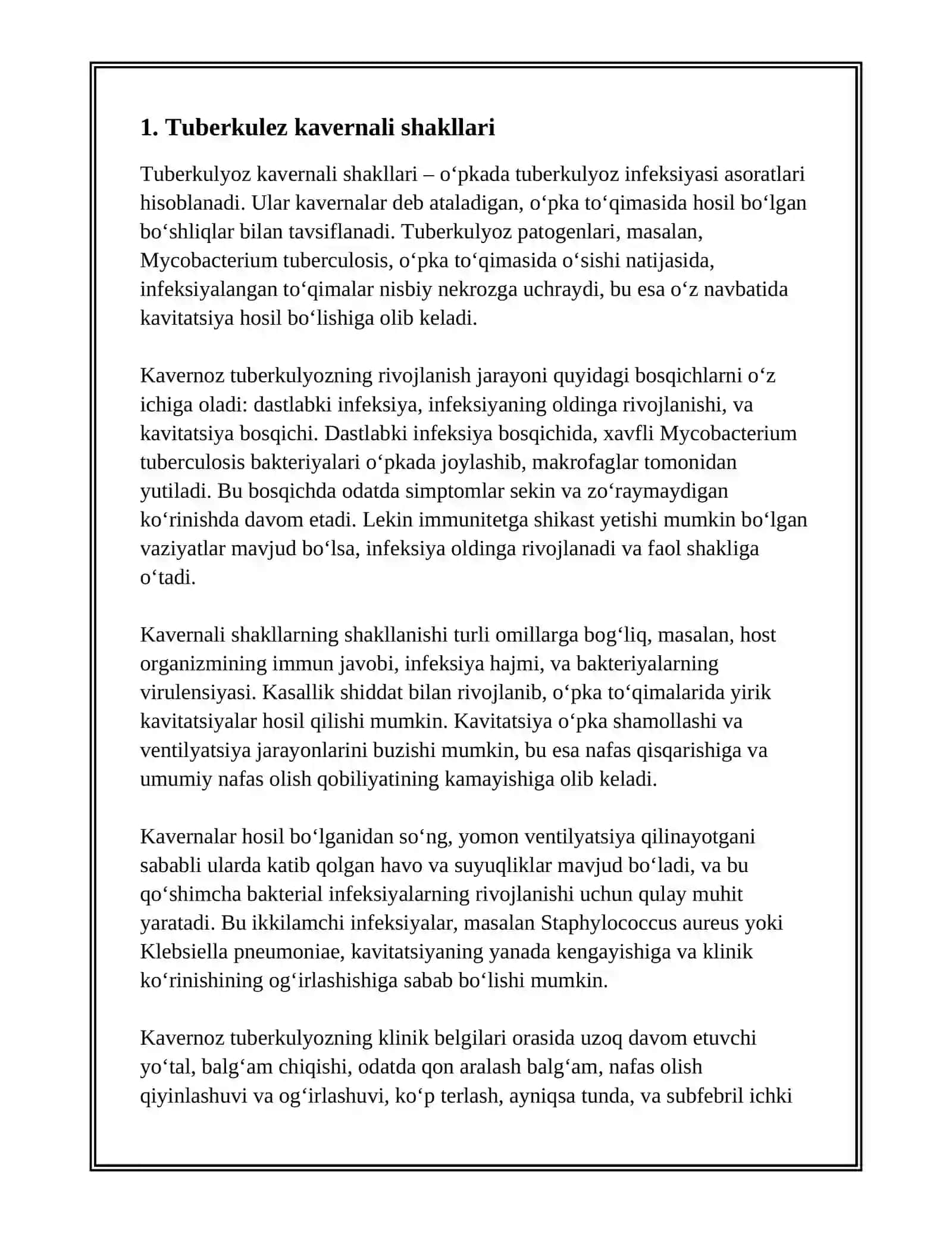 TUBERKULEZNI DESTRUKTIV SHAKLLARI-KAVERNALI,FIBROZ KAVERNALI VA SIRROTIK OPKA TUBERKULEZI.KLINIKASI,TASHXISLASH,KECHISHINI OZIZGA XOSLIGI,ASORATI,OQIBATI 3