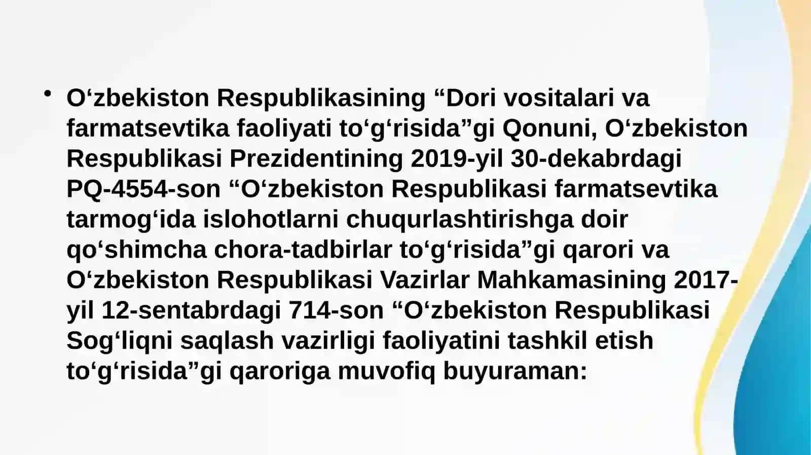 O’ZBEKISTON RESPUBLIKASI PREZIDENTINING RETSEPTURAGA ASOSLANGAN QONUN VA FFARMOYISHLARI 3