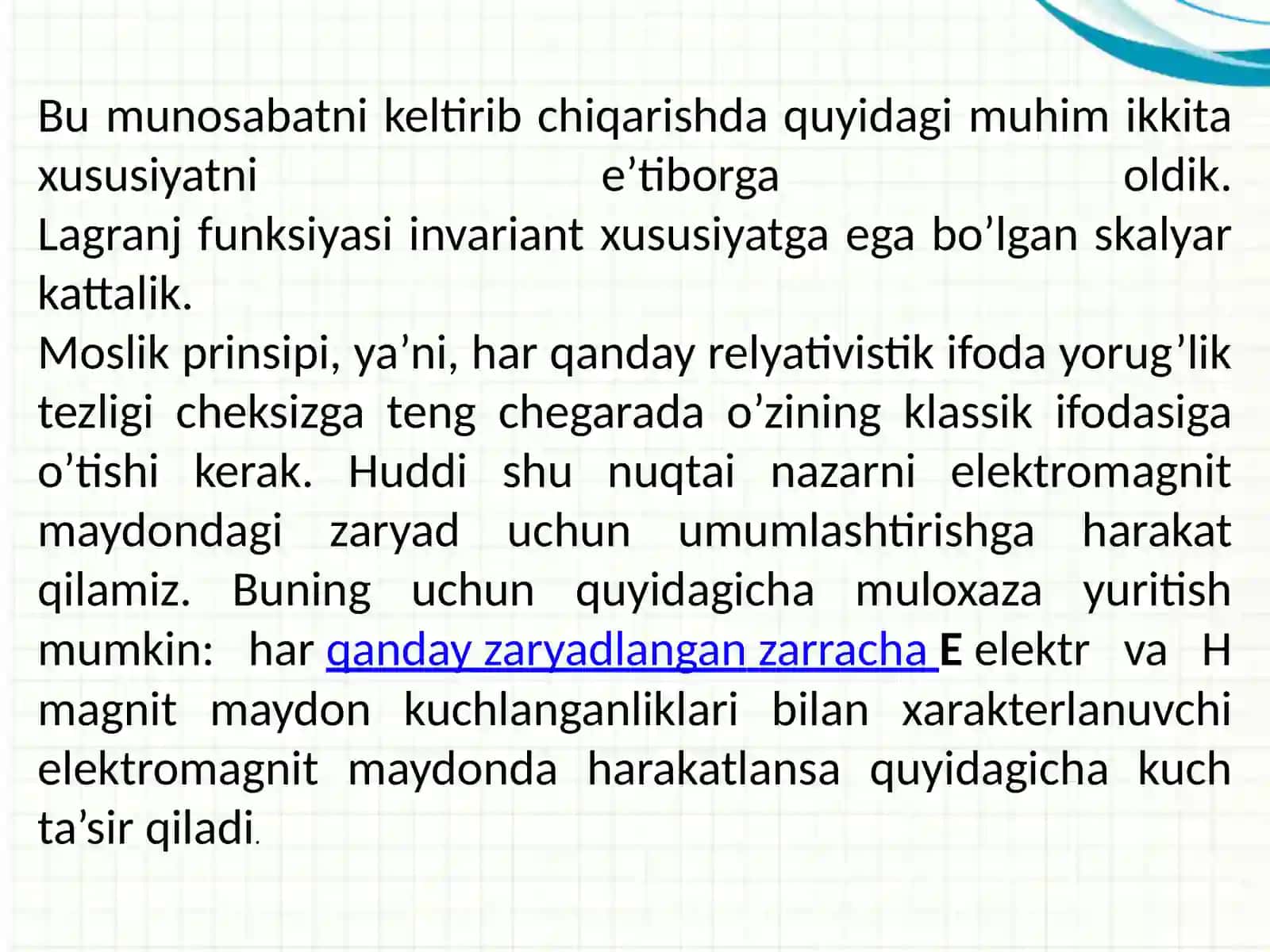 ОRELYATIVISTIK DINAMIKA ELEMENTLARI REJA 3