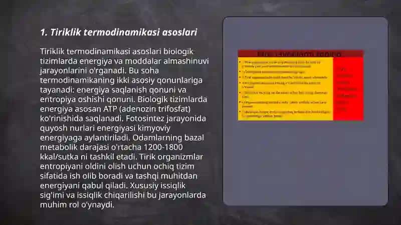 Tirik organizmlar uchun termodinamika. Termoleguratsiya 3