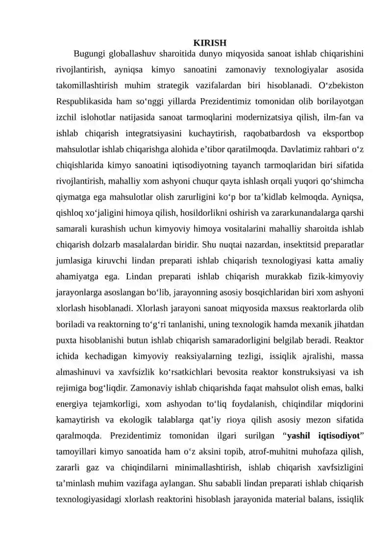 Lindan-preparati ishlab chiqarish texnologiyasidagi xlorlash reaktorini hisoblash (Quvvati: 215000 tonna) 3