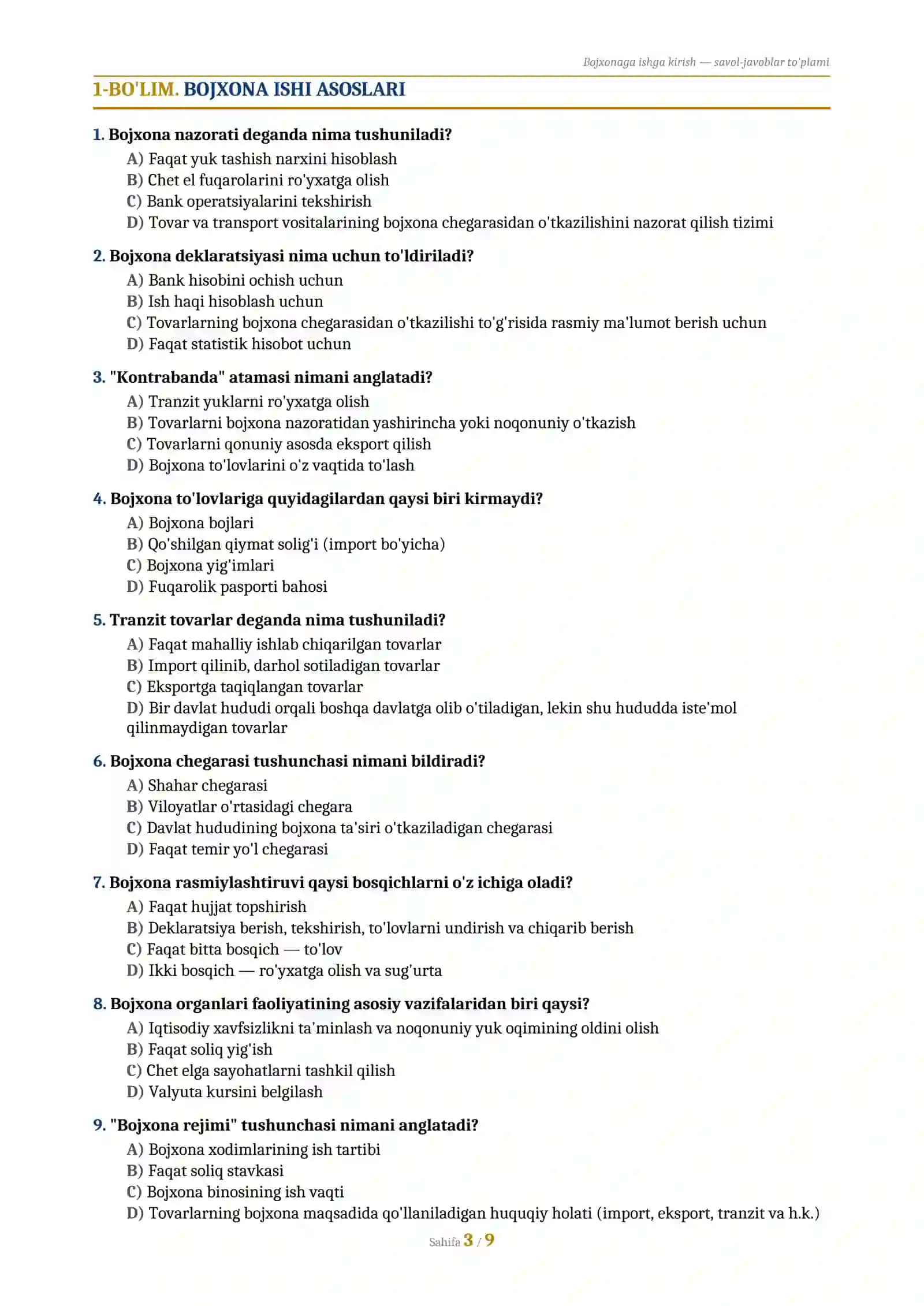 Bojxona test toʻplami 3