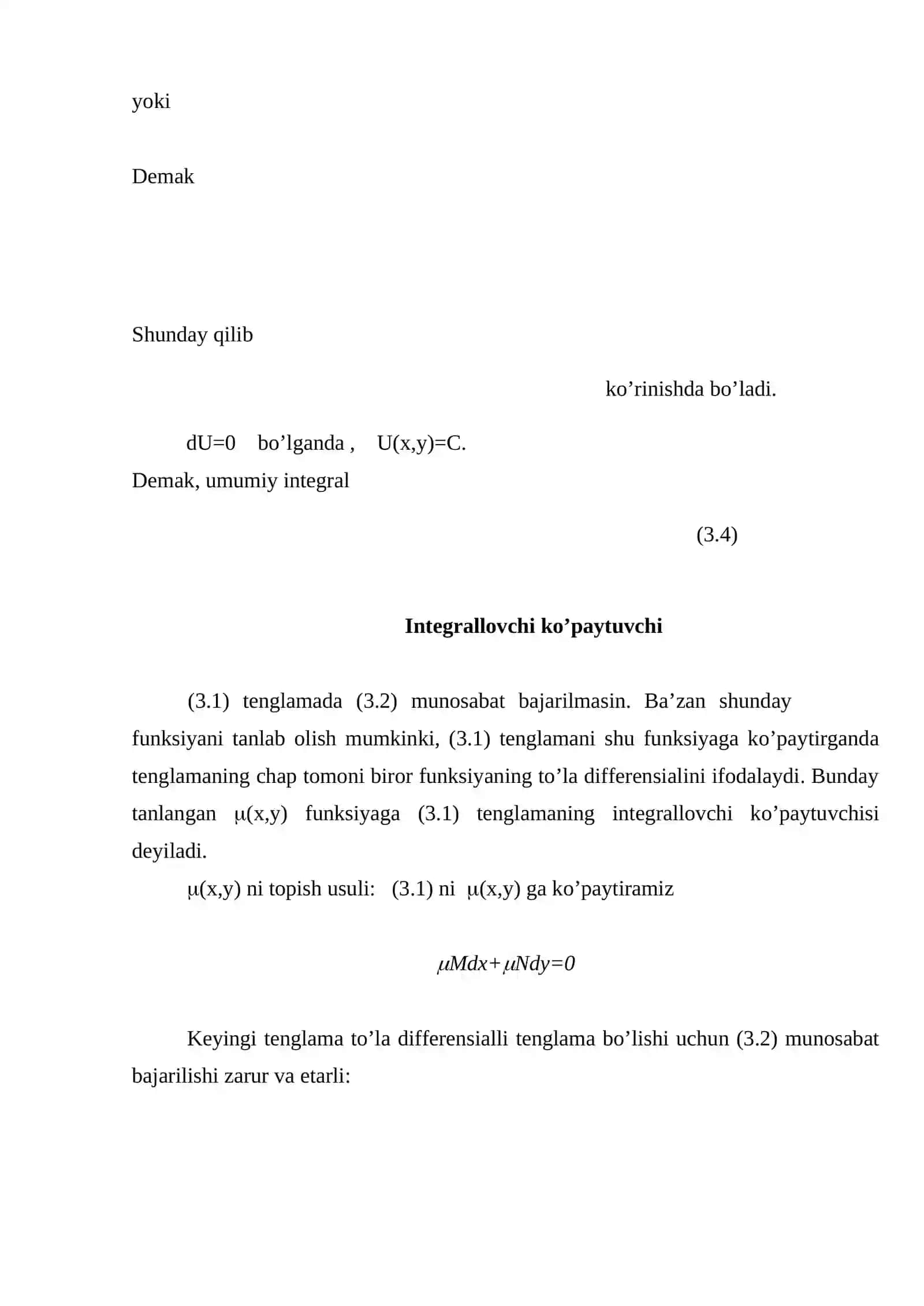To’la differensial tenglama. Hosilaga nisbatan yechilmagan birinchi tartibli tenglamalar 3
