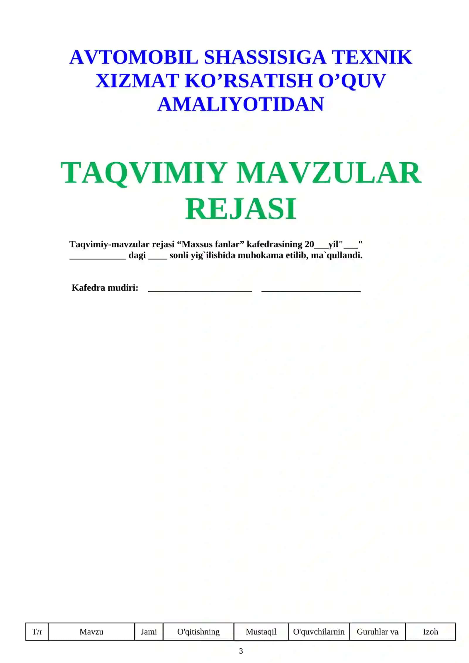 AVTOMOBIL SHASSISIGA TEXNIK XIZMAT KO’RSATISH O’QUV AMALIYOTIDAN O’QITISH MATERIALLARI 3
