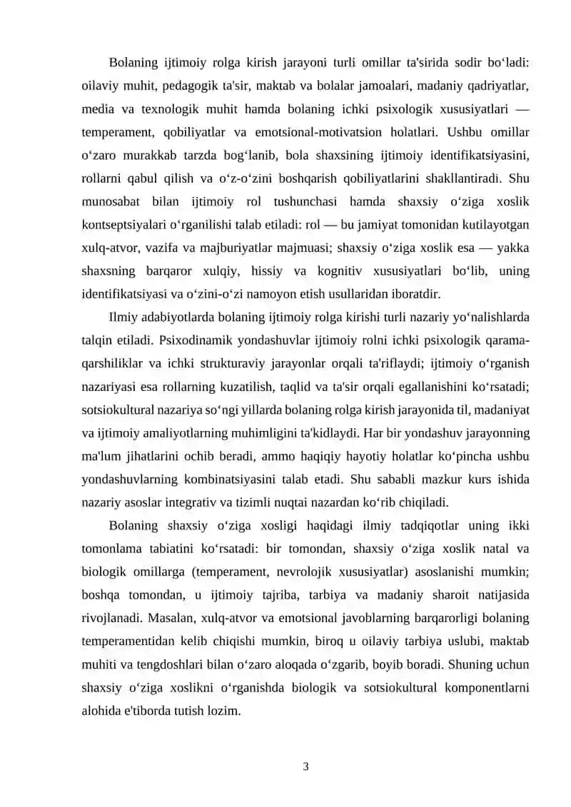 Bolaning ijtimoiy rolga kirish jarayoni va shaxsiy oʻziga xoslik 3