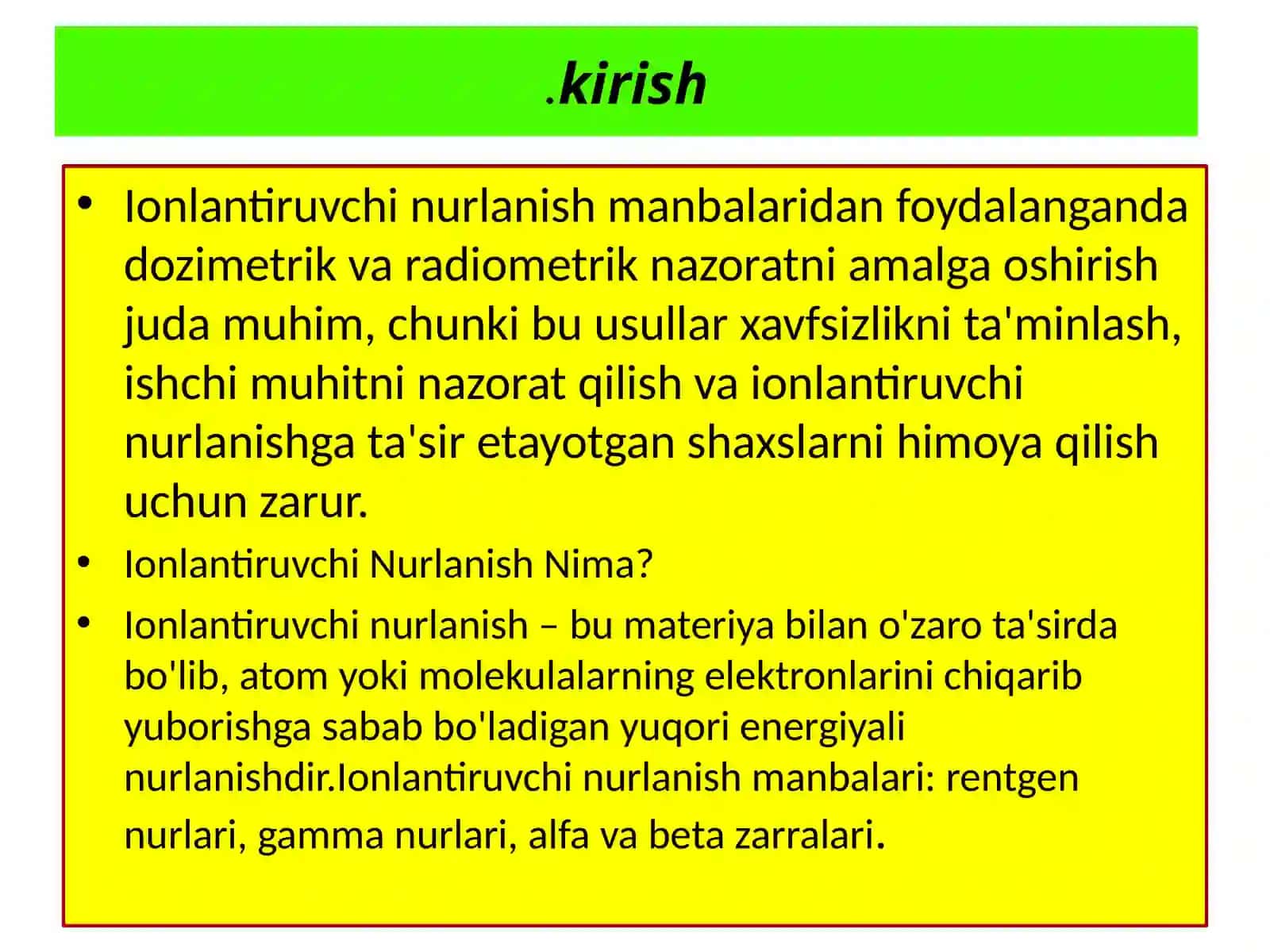 Gigiyena, harbiygigiyena. Tibbiye-kologiya fanidan, DPM larda ionlantiruvchi nurlanish manbalardan foydalanish 3