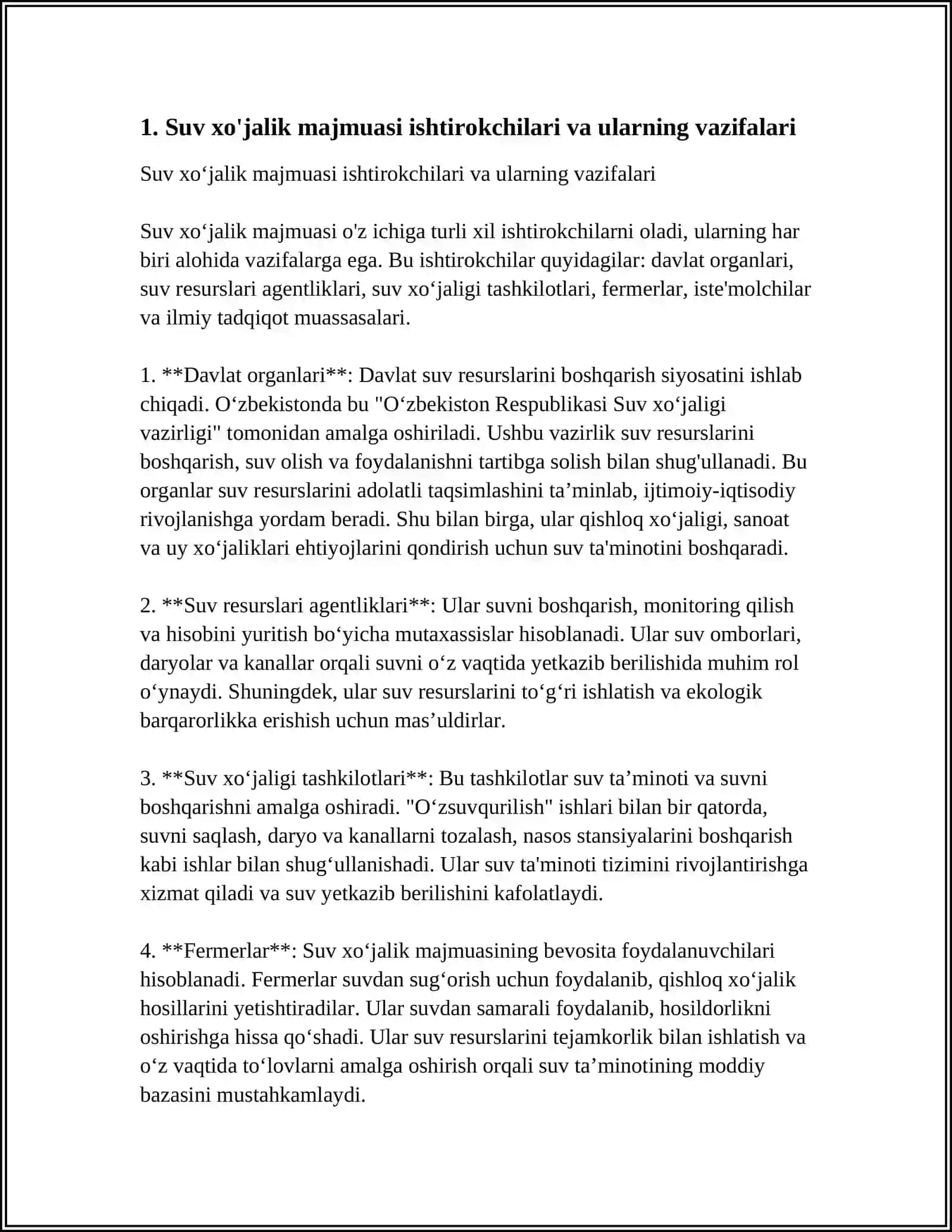 DARYO HAVZASINING SUV XO'JALIK MAJMUASI QATNASHUVCHILARI VA ULARNING SUVDAN FOYDALANISH TASNIFI 3