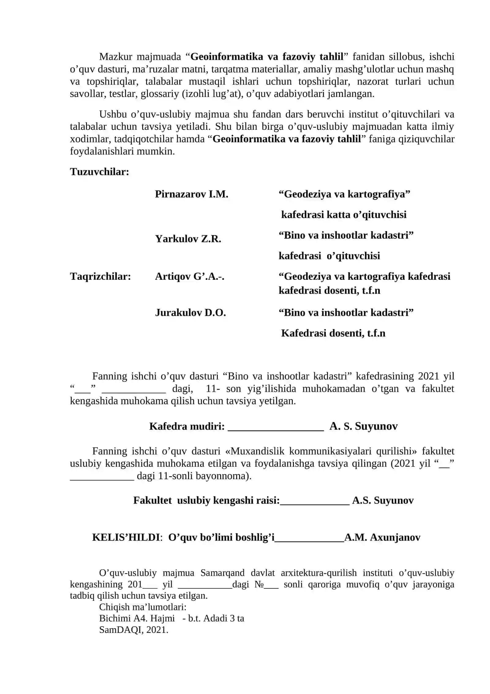 GEOINFORMATIKA VA FAZOVIY TAHLIL fanidan O’QUV-USLUBIY MAJMUA 3