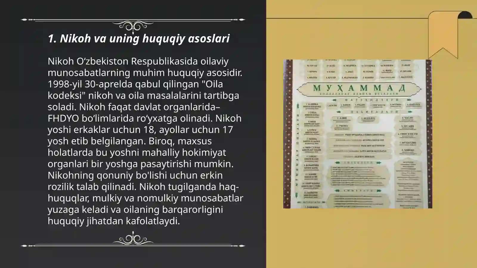 Nikoh Oʻzbekiston Respublikasida oilaviy munosabatlarning muhim huquqiy asoslari 3