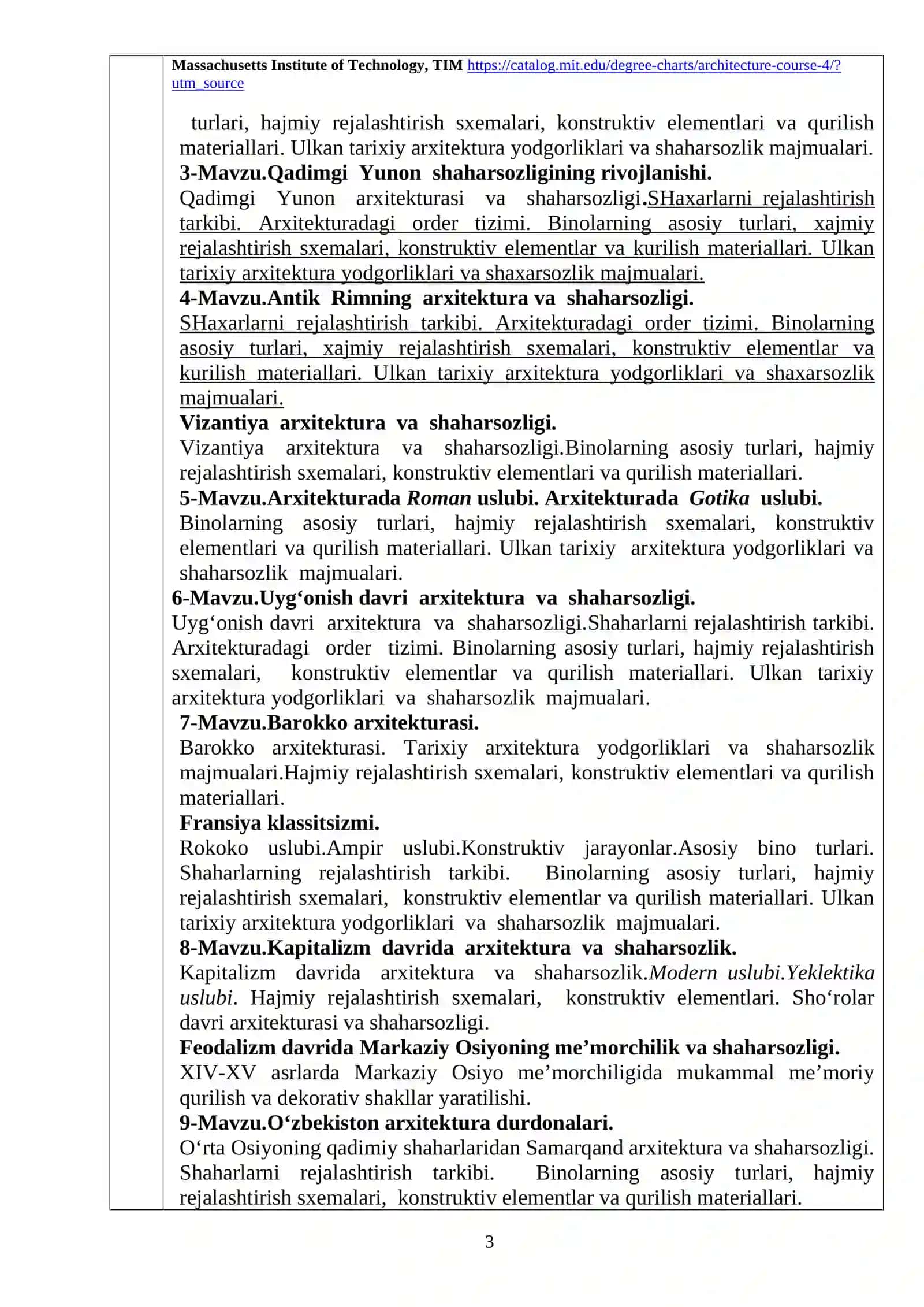 ARXITEKTURA VA SHAHARSOZLIK ASOSLARI FANINING O‘QUV DASTURI 3
