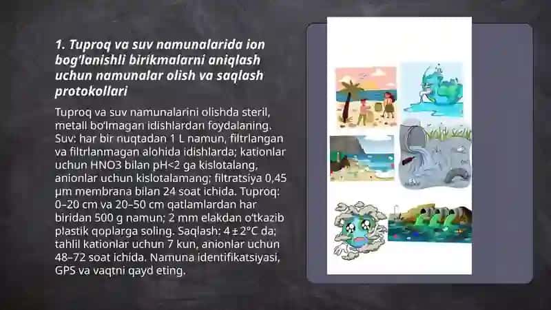 Tuproq va suvning ifloslanishida ion bogʻlanishli birikmalarni aniqlab ulardan tozalsh usulini ishlab chiqish 3