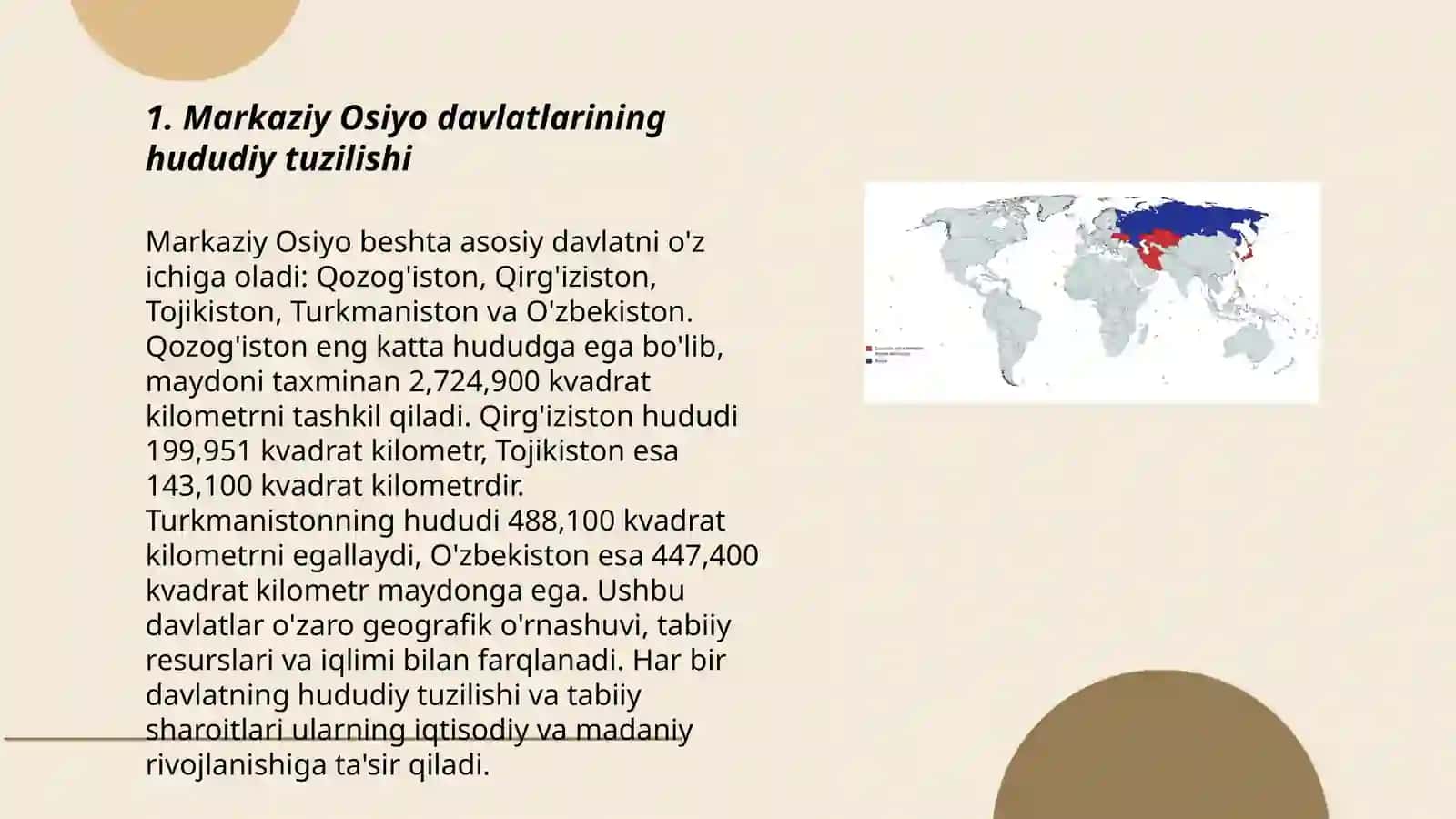 Markaziy Osiyo davlatlari hududiy boʻlinishi va iqtisodiy sohalarini solishtiring 3