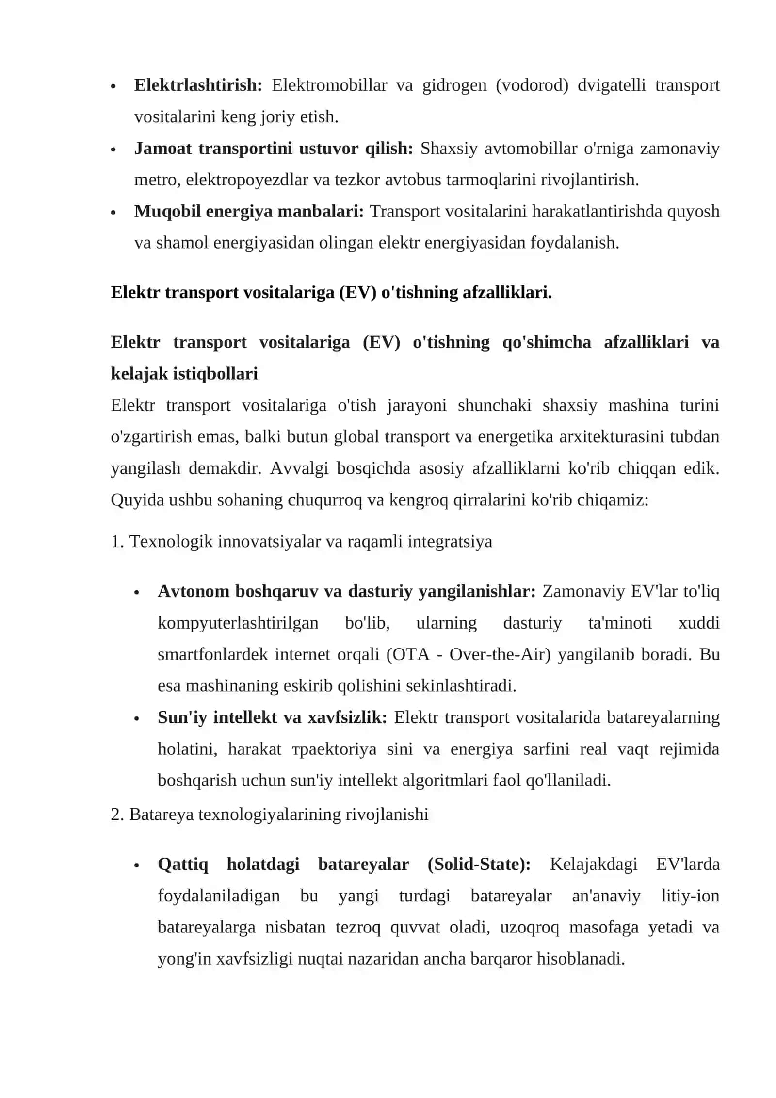 Transport tizimida energosarflarni tejash: elektr transport vositalariga o'tish 3