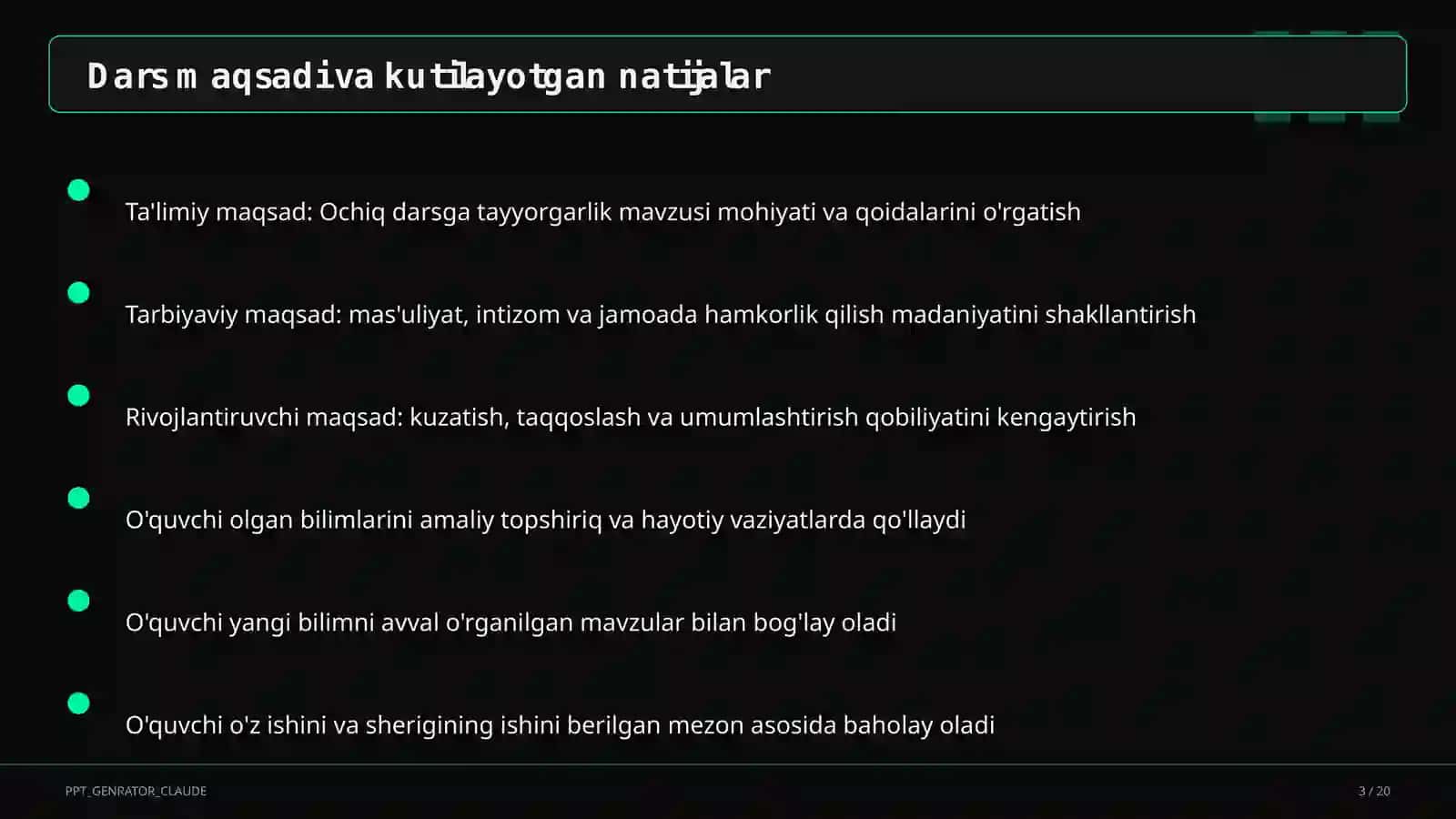 Ochiq dars uchun pedagogika va o'qitish metodikasi 3