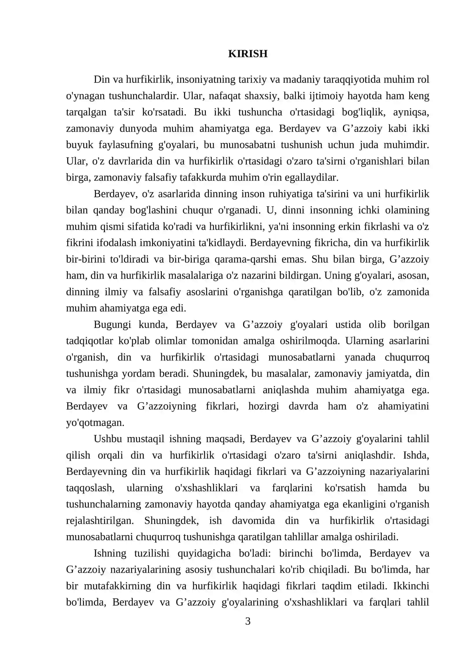 Din va hurfikirlik berdayevning hurfikirlik g’oyalari bilan G’azzoiy g’oyalarinu qiyoslang 3